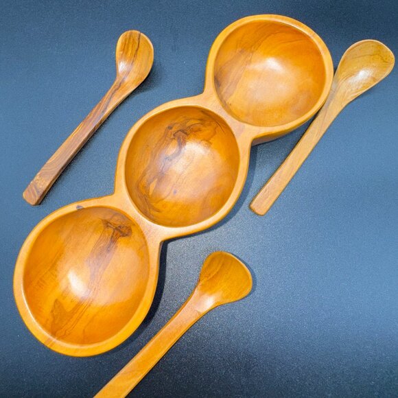 Vintage Wood Condiment, Spices or Nuts Server 3 partitions and Spoons - Picture 3 of 5